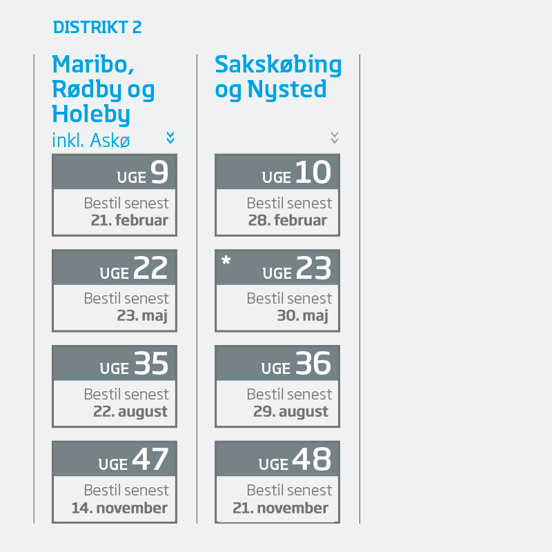 Hentedage for storskrald i distrikt 2 - Maribo, Rødby, Holeby, Sakskøbing og Nysted.